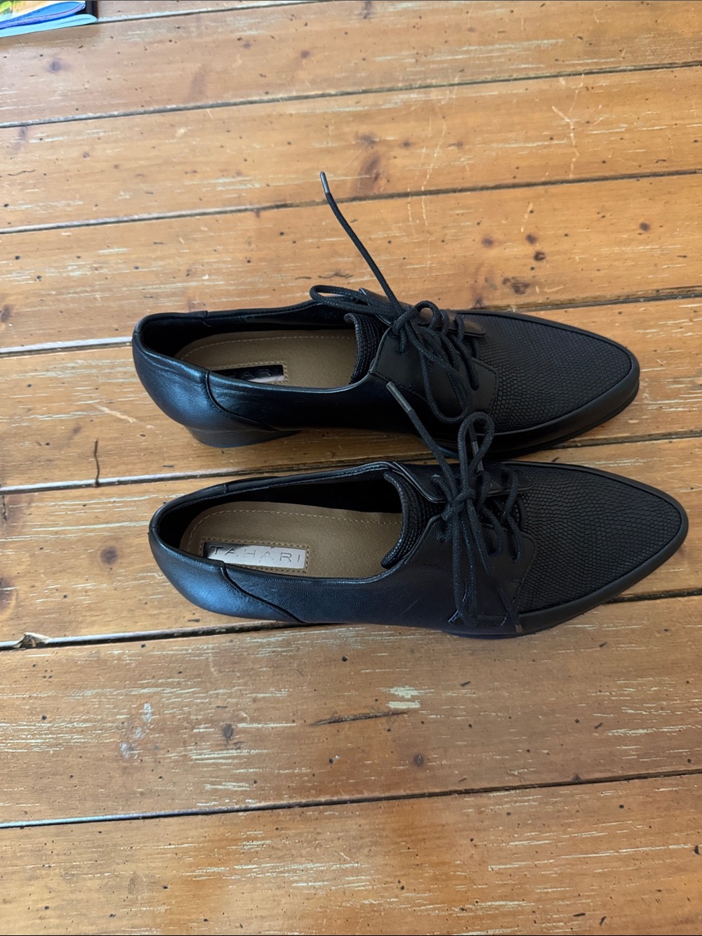 Tahari Black Pointed Lace-Up Oxfords